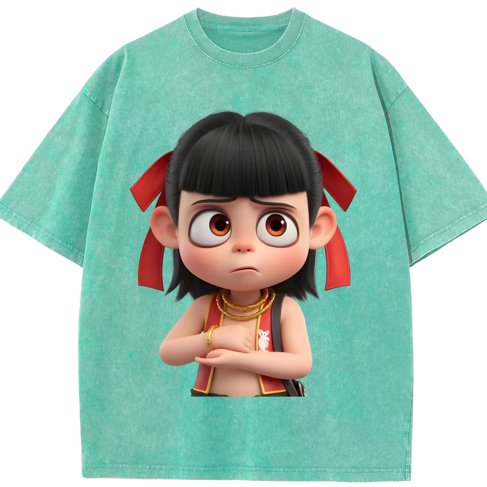 （画像用） Ne Zha 2 ナタ 魔童の大暴れ 綿100% ヴィンテージ風 半袖Tシャツ（フロントプリント）
